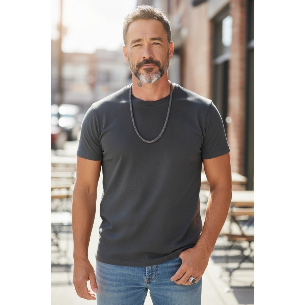 Mens Silver Tone Franco Link Chain Necklace‎ and Black Inlay Signet Ring Set